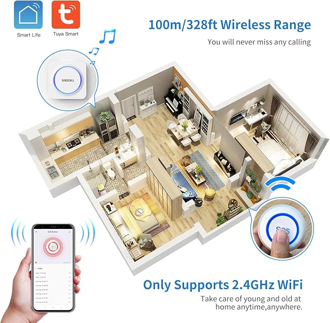 SINGCALL Tuya WiFi SOS Wireless Calling Caregiver Pager System Calling Alert System for Patients Seniors Elderly Disabled 1 Plugin Receiver 1 Smart Emergency Call Button (only Supports 2.4GHz Wi-Fi)