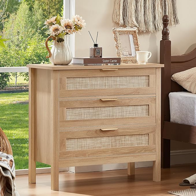 LEYAOYAO 31.5" Wide Rattan Nightstand, Large Boho 3 Drawer Night Stand, Natural Wood Bedside Table with Storage, Tall Bed Side End Tables, Chest of Drawers Dressers for Bedroom, Living Room, Hallway
