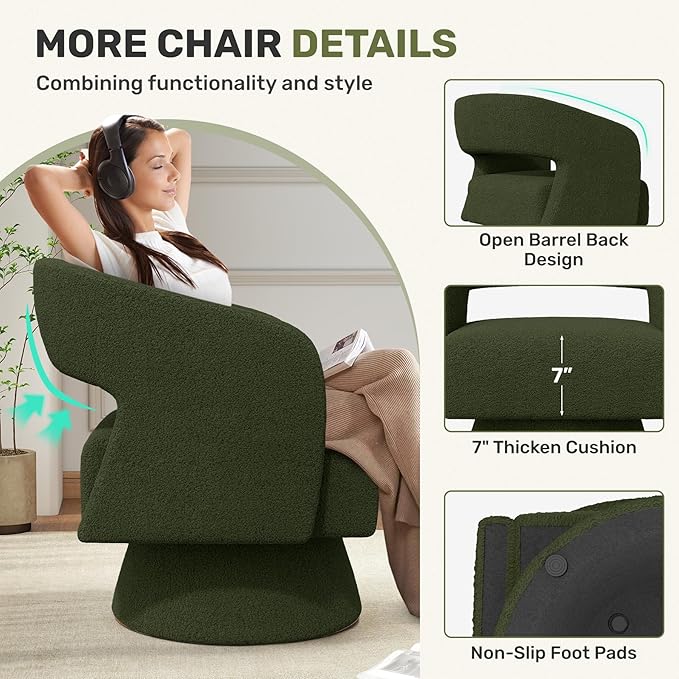 Swivel Accent Chair Set of 4, Modern Comfy Teddy Barrel Chairs, Oversized Upholstered Round Arm Chair for Living Room, Bedroom, Reading Room, Green