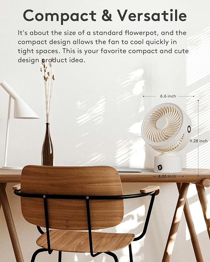 CARONSORT Desk Fan, Small Oscillating Fan for Bedroom, 9 Inch Table Fans Quiet,Desk Air Circulator Fan with 3 Speeds, 4H Time, Rechargeable Fan for Office/Dorm/Room-Beige