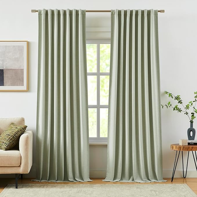 Vision Home Green Linen Full Blackout Curtains for Bedroom Living Room Darkening Soundproof Window Curtains 102 inch Thermal Insulated Rod Pocket Back Tab Linen Drapes 2 Panels 56" Wx102 L