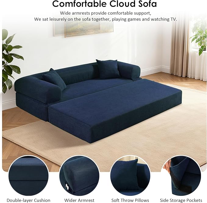 80" Convertible Sofa Bed, 3-in-1 Corduroy Folding Pull Out Couch with Pillows, No Assembly Modern Boneless Couch Compression Sofa in Box, Floor Sofa with Side Storage Pocket for Living Room,Navy Blue