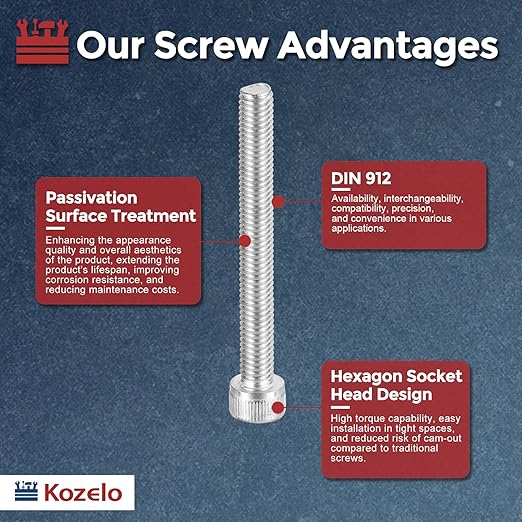 Kozelo 25pcs Socket Head Cap Screws - [M6-1 x 55mm] 304 Stainless Steel Allen Socket Drive for Electrical Motor 3D Printing Fan Engine Replacement Use, Silver