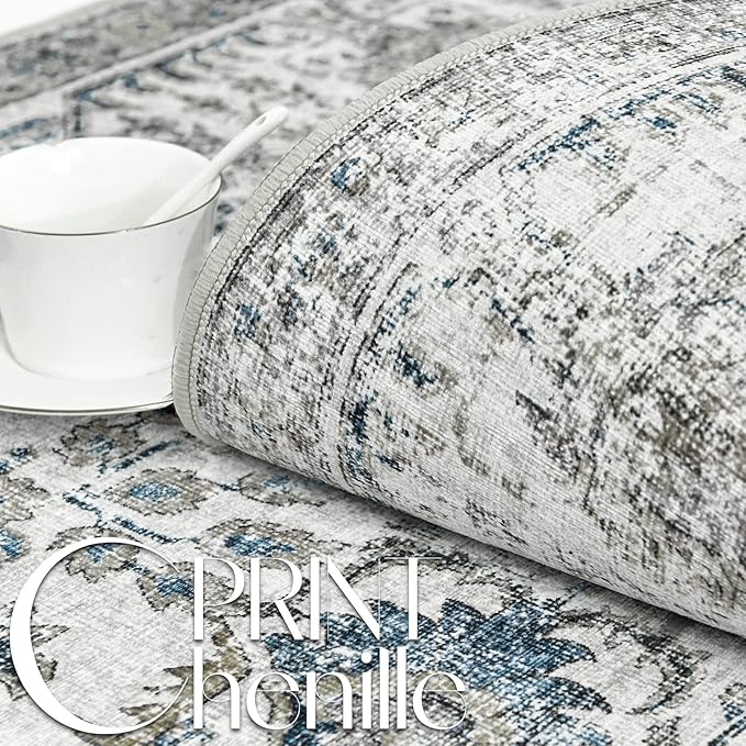 jinchan Kalen Area Rug 6x9 Washable Living Room Rug Vintage Indoor Large Floor Cover Retro Accent Mat Distressed Floral Country Boho Non Slip Thin Carpet for Bedroom Dining Room Office Blue Multi