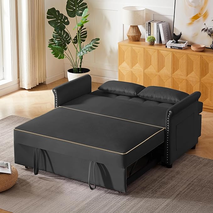 57'' Convertible Sleeper Sofa Bed with Adjustable Backrest, Chaise Lounge, 2 Pillows & Side Storage Pockets – Stylish & Functional Furniture for Living Room or Small Spaces (Black Sofa Bed)