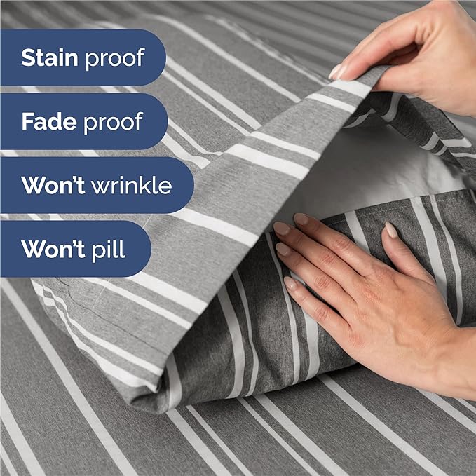 King 6 Piece Sheet Set - Cooling, Comfy & Breathable - Hotel Luxury Bedding, Includes Fitted Sheet for Women, Men, Kids & Teens - 1 Flat, 1 Fitted Sheet, 4 Pillowcases w/Deep Pockets - Grey Stripes