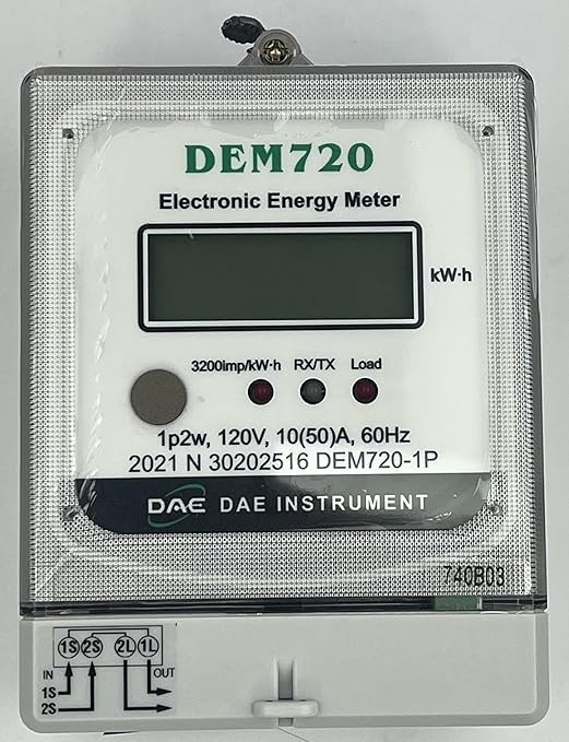DAE DEM720-1P Electric kWh Submeter, RS485, 1P2W(1 Hot wire, 1 Neutral), 120v, 50A, Internal CT