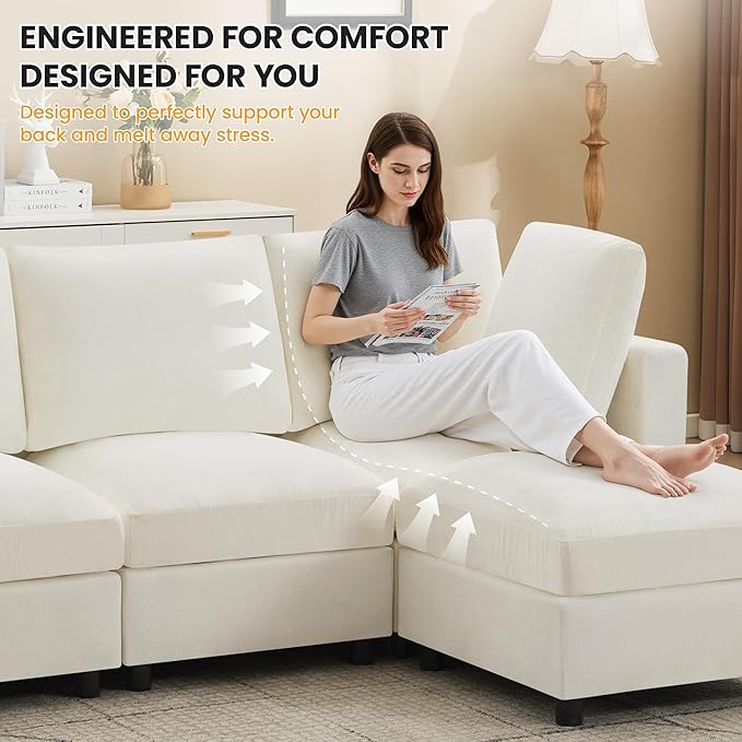 116'' 4-Seater Modular Sectional Cloud Sofa with Ottoman, Convertible L-Shaped Couch for Living Room, Modern Deep Seat Modular Sofa, Chenille Beige