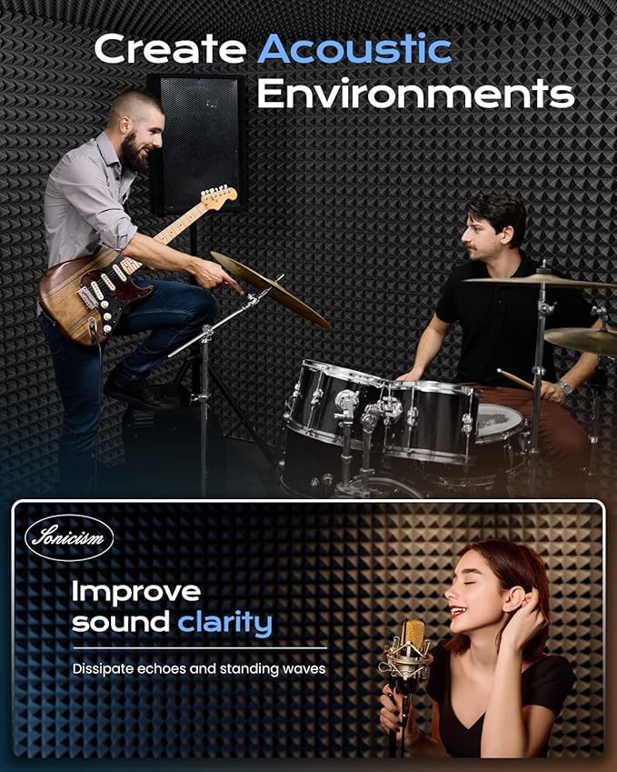 Sonicism Sound Proof Foam Panels for walls Self-Adhesive 18 Pack Pyramid 12" X 12" X 2" Acoustic Panels 35kg/m³High Density,Soundproof Wall Panels Fast Expand,Sound Absorption and Decoration,Black