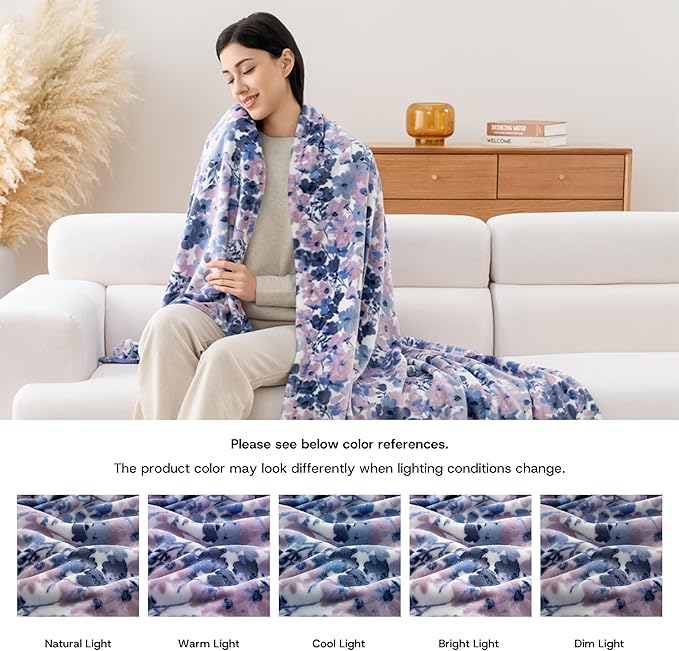 Luxury Printed Fleece Warm Blanket, Soft Lightweight Velvety Plush Throw for Couch and Bed, Cozy Comfy for All Seasons(White Purple Flowers, 108×90 Inches)