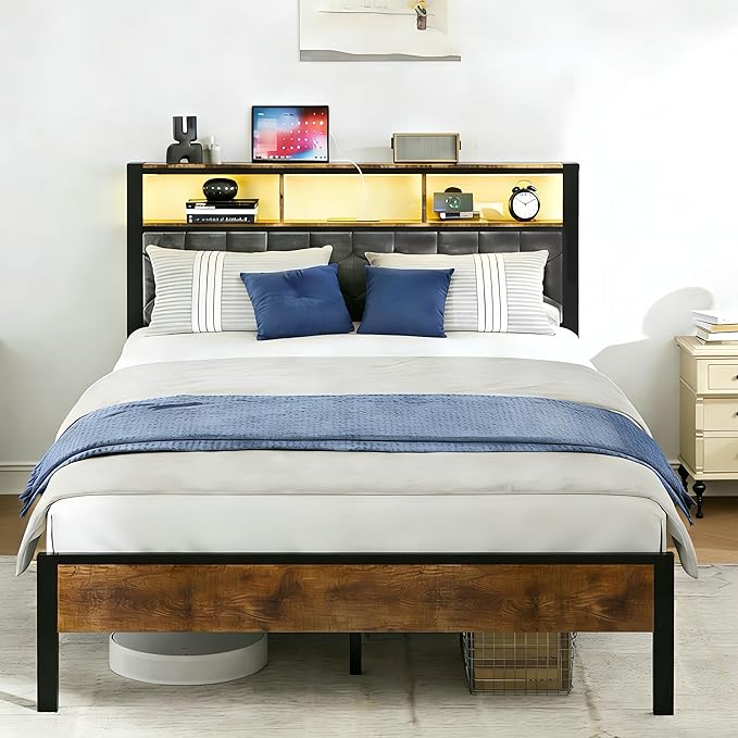 Queen Size Bed Frame with Storage Headboard & Charging Station, Platform Bedframe with LED Lights, Upholstered Headboard, Metal Slat Support, No Box Spring Needed