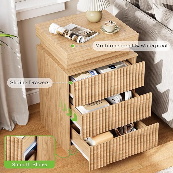 Nightstand with Charging Station & LED Lights, Small Modern Fluted Bedside & End Table with 3 Drawers, Sliding Top & Hidden Storage, Wooden Farmhouse Night Stand for Bedroom Office Sofa, Natural Oak