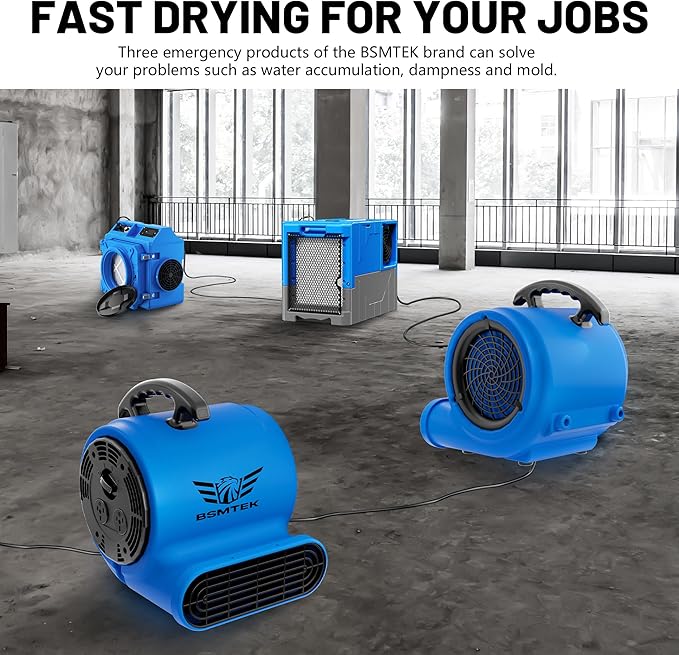 BSMTEK Air Mover Blower Fan, Industrial 1/3HP 1200CFM Monster Floor Blower Carpet Dryers - 3 Speeds Switch, 4 Adjustable Angles, 10FT Long Cord, Stackable - 2026 Upgraded