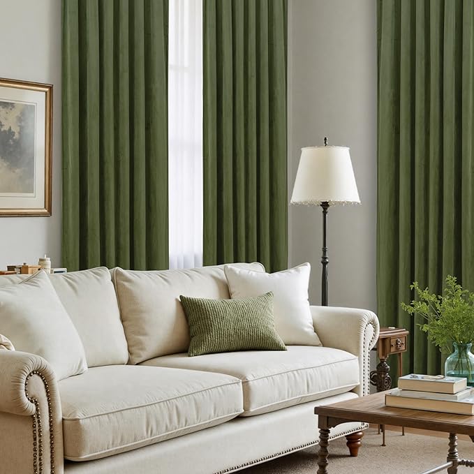 LAMIT Sage Green Velvet Curtains 84 Inch Length for Living Room, Super Soft Thermal Insulated Room Darkening Panels Privacy Back Tab and Rod Pocket Spring Drapes for Bedroom, 2 Panels, 52 x 84 Inch