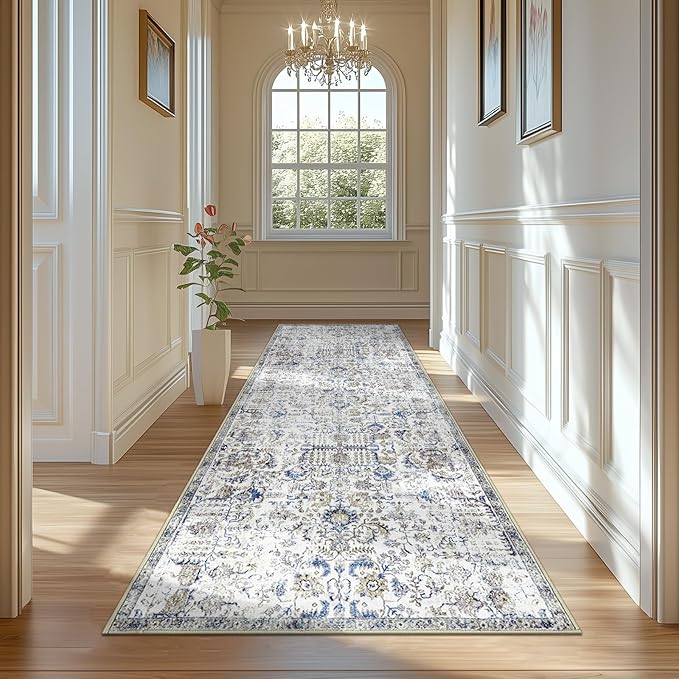 jinchan Kalen Runner Rug 3x8 Washable Hallway Rug Vintage Indoor Thin Retro Floor Cover Distressed Floral Country Lightweight Non Slip Carpet for Entryway Bathroom Bedroom Living Room Stairway Blue