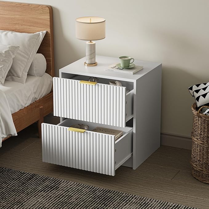 3-Piece Dresser Bedroom Set, 5 Drawer Dresser & 2 Drawer Nightstands with Gold Handles, Fluted Wood Chest of Drawers for Bedroom, Living Room, Entryway, White