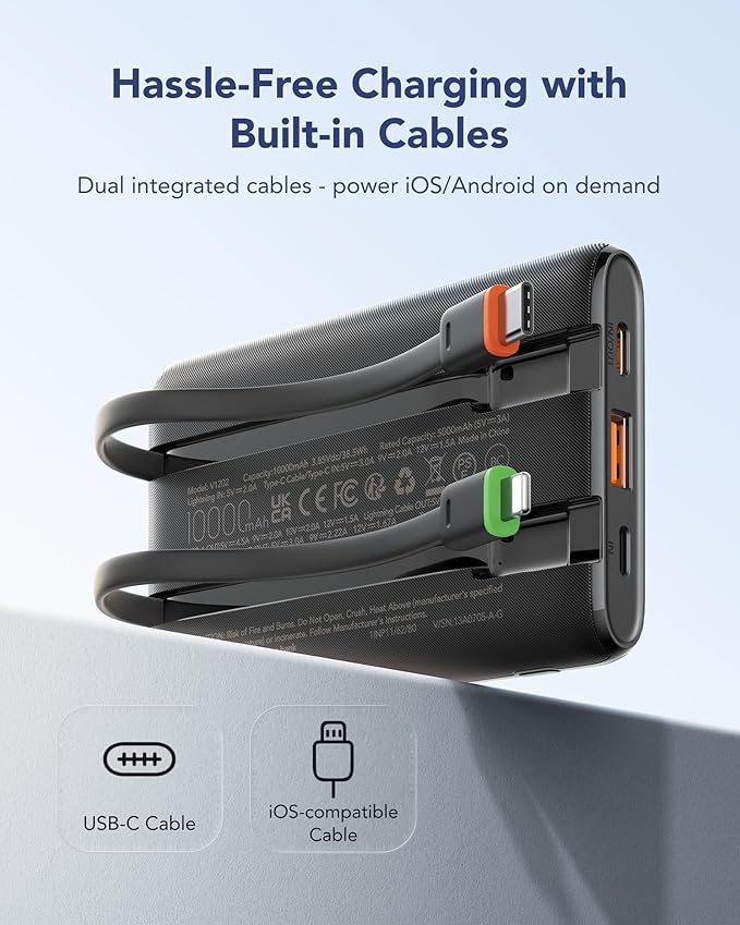VEGER Portable Charger with Built in Cable, 10000mAh 22.5W Fast Charging USB C Battery Pack, 4 Outputs 3 Inputs Power Bank for iPhone 16/15/14/13 Series, iPad, Samsung, Android, Tablet, Black(1 Pack)