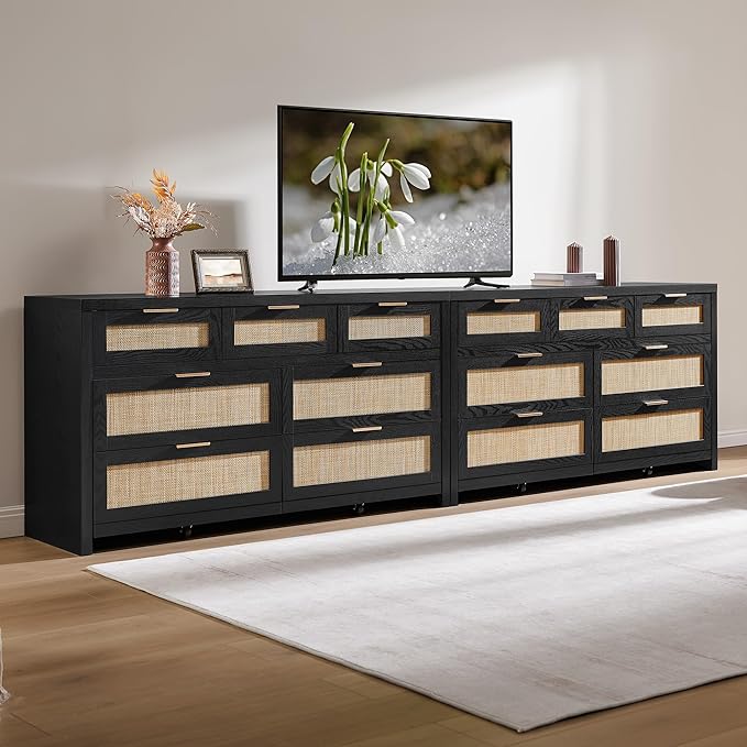 SICOTAS 7 Drawer Dressers for Bedroom Set 2, Long Rattan Dresser, Dresser TV Stand, Closet Organizer Chest of Drawers, Clothes Storage Dressers (Black Oak, 7 Drawers (2 pcs))