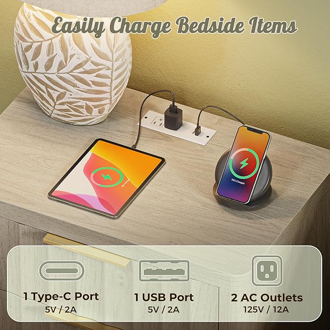Huuger 27.6 Inch Tall Night Stand with Charger Station, USB-C Port, Fluted Nightstand with 2 Deep Drawers, Larger Wider Bed Side Table with Open Shelf, Bedroom Living Room End Table, Grey
