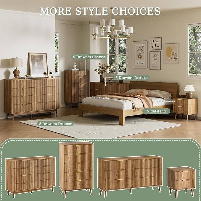 LYNSOM Fluted Dresser and Nightstand Sets 3 Piece, 5-Drawers Dresser and 1-Drawer Nightstands Set of 2, Wood Bedroom Furniture Set for Home, Bedroom, Hallway, Walnut
