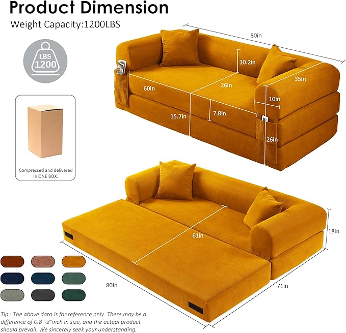 80" Convertible Sofa Bed, Corduroy Deep Seat Folding Pull Out Couch with Pillows, No Assembly Modern Boneless Couch Compression Sofa in Box, Floor Sofa with Storage Pocket for Living Room,Yellow