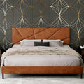 Upholstered King Size Platform Bed Frame with Faux Leather Padded Headboard, Sturdy Metal Slats Support, No Box Spring Needed, Vintage Brown