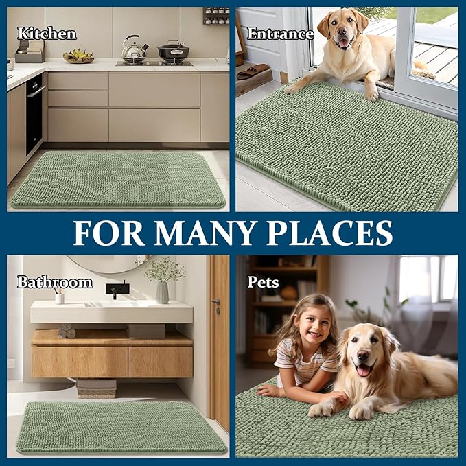 OLANLY Dog Door Mat for Muddy Paws 59x32, Absorbs Moisture and Dirt, Absorbent Non-Slip Washable Doormat, Quick Dry Chenille Mud Mat for Dogs, Entry Indoor Entryway Carpet for Inside Floor, Sage Green