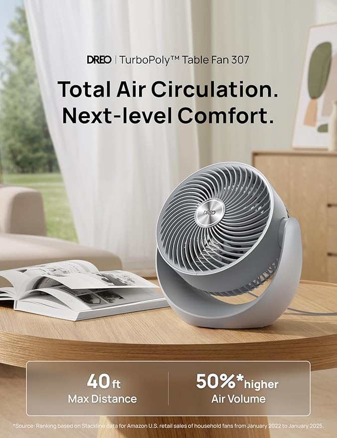 Dreo Fan for Bedroom, Table Air Circulator for Whole Room, 11 Inch, 40ft Strong Airflow, 120° Adjustable Tilt, 28db Low Noise, Quiet, 3 Speeds, 2025 New Desk Fan for Office, Kitchen, Home