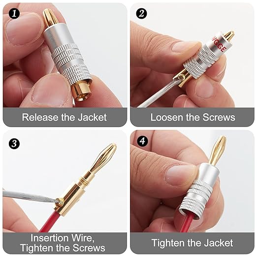 WGGE WG-009 Banana Plugs Audio Jack Connector, 24k Gold Dual Screw Lock Speaker Connector for Speaker Wire, Wall Plate, Home Theater, Audio/Video Receiver and Sound Systems (12 Pairs / 24 pcs)