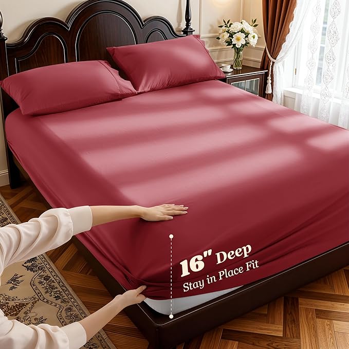 LBRO2M 1000 Thread Count 100% Egyptian Cotton Sheets Set Full Size, 4 Piece Sets Bed Sheet Deep Pocket Sheet Set 16" Soft Comfortable All Season (Full Burgundy)