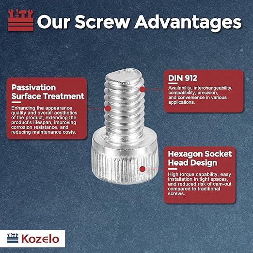 Kozelo 25pcs Socket Head Cap Screws - [M6-1 x 10mm] 304 Stainless Steel Allen Socket Drive for Electrical Motor 3D Printing Fan Engine Replacement Use, Silver