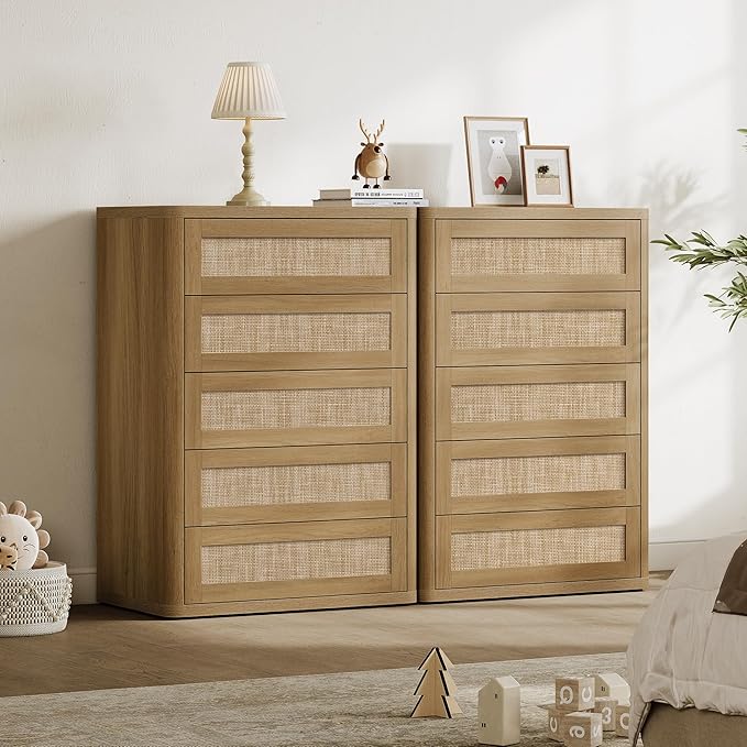 SICOTAS Tall Dresser for Bedroom - Rattan 5 Drawer Dressers Chest of Drawers with Push-to-Open Design, Modern Extra Deep Clothes Dresser with Large Storage for Closet, Living Room, Amber Oak