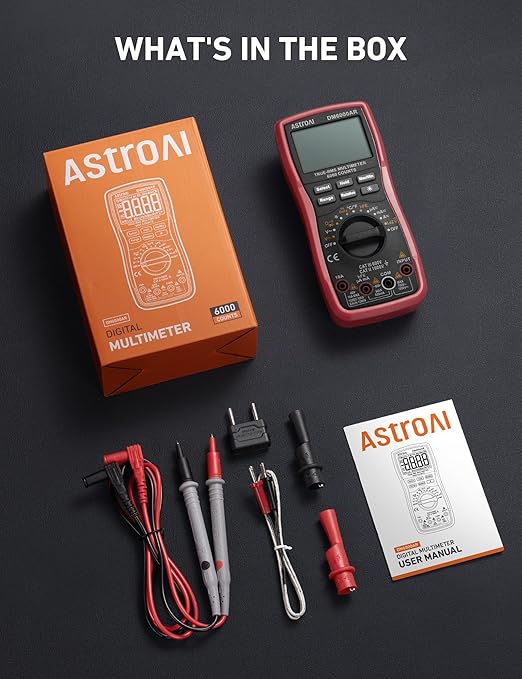 AstroAI Digital Multimeter TRMS 6000 Counts Volt Meter Ohmmeter Auto-Ranging Tester; Accurately Measures Voltage Current Resistance Diodes Continuity Duty-Cycle Capacitance Temperature, Black