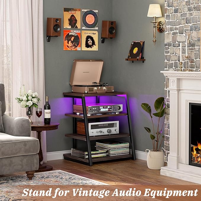 Armocity 4-Tier AV Media Stand with Power Strips, Corner TV Stand with LED Lights, Rack Audio Tower with Adjustable Shelves, Corner Entertainment Center, 30'', Black Walnut