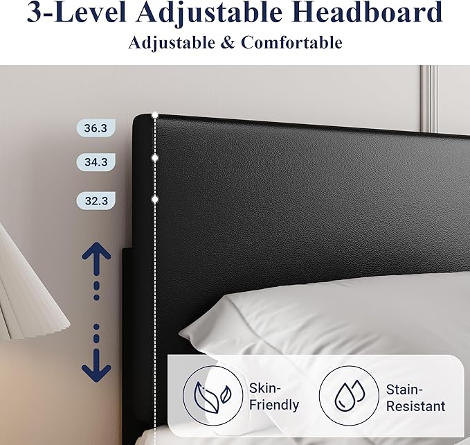 Allewie Queen Bed Frame with Adjustable Headboard, Faux Leather Platform Bed with Wood Slats, Heavy Duty Mattress Foundation, No Box Spring Needed, Noise-Free, Easy Assembly, Black