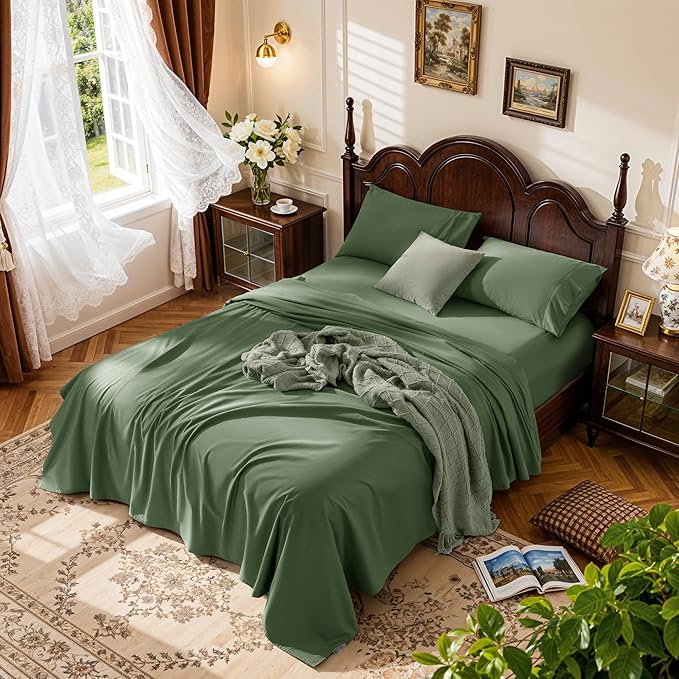 LBRO2M 1000 Thread Count 100% Egyptian Cotton Sheets Set Full Size, 4 Piece Sets Bed Sheet Deep Pocket Sheet Set 16" Soft Comfortable All Season (Full Olive Green)