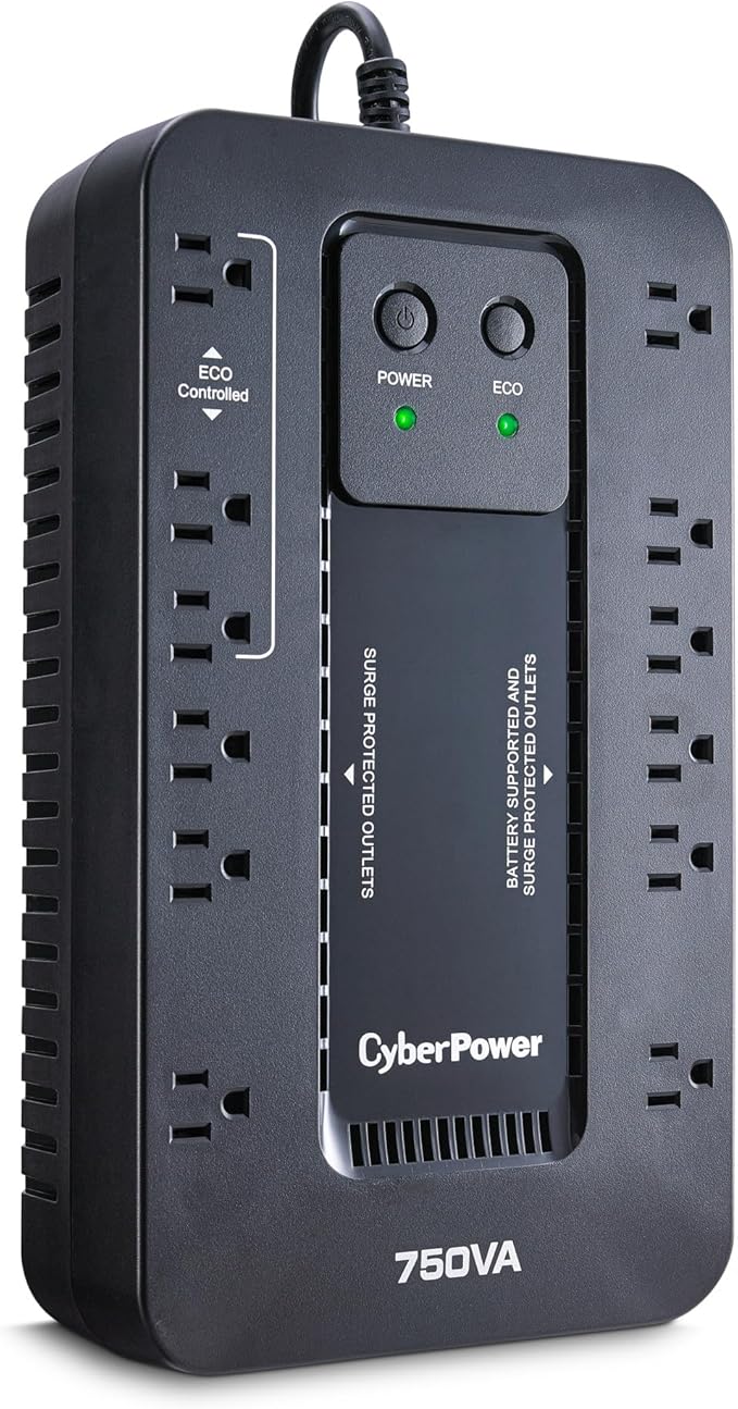 CyberPower EC750G Ecologic Battery Backup & Surge Protector UPS System, 750VA/450W, 12 Outlets, ECO Mode, Compact Uninterruptible Power Supply, Black