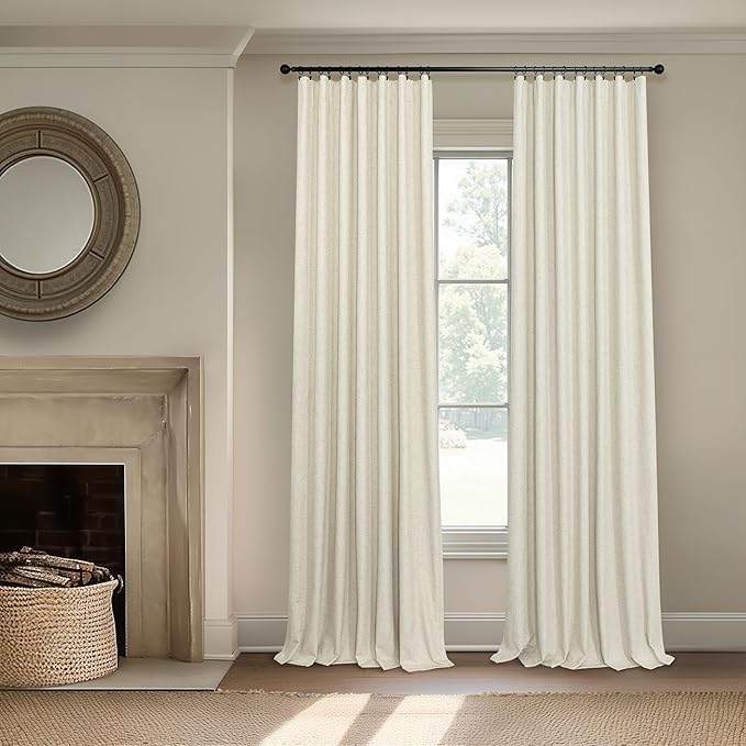 Linen Drapes for Living Room Darkening 100% Blackout Curtains 86 Inch Length 2 Panels Textured Black Out Thermal Insulated Rustic Farmhouse Country Window Curtain for Bedroom Back Tab 86 Long Beige