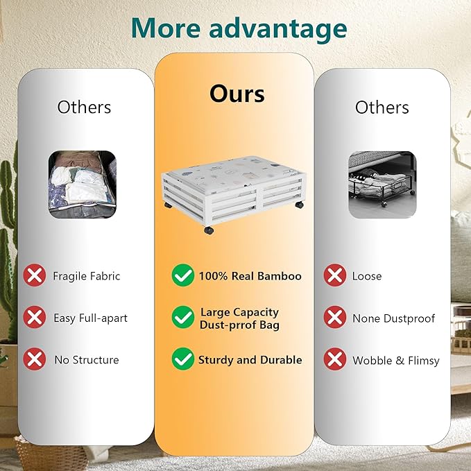 Bamboo Under Bed Storage Containers- Underbed Organizer with Wheels with Large Capacity Dust Bag,Sturdy Wood Rolling Under Bed Shoe Storage Organizer 2 Packs (White, 2 Packs (23.62"×16.54"))