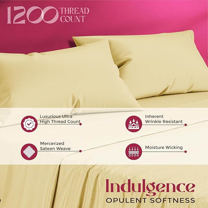 Mayfair Linen 100% Egyptian Cotton Queen Sheet Set - Luxury 1200 High Thread Count Egyptian Cotton Sheets Queen Size (4 PC, Beige), Silky Soft, Cooling, 17" Deep Pocket Sateen Weave Hotel Bedding