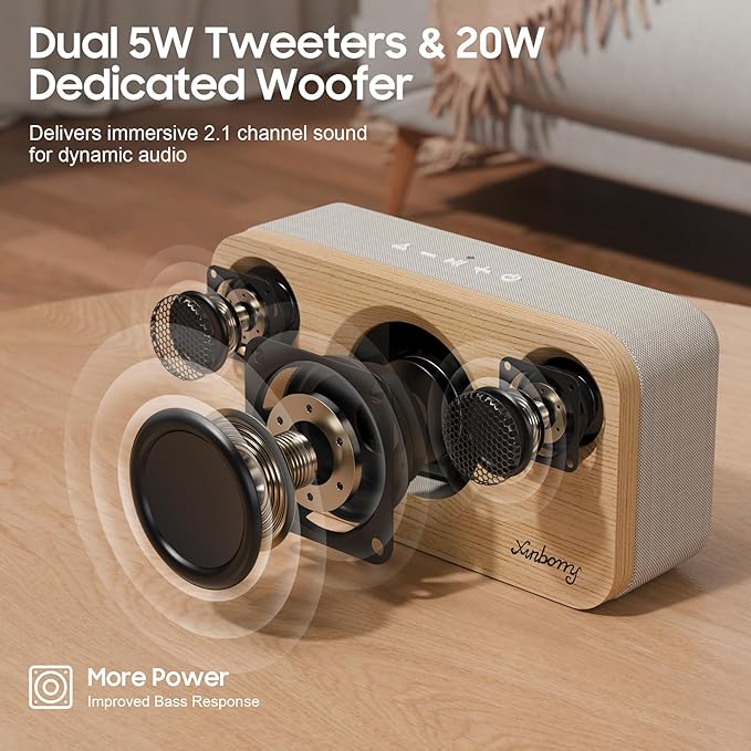 Xinborry Portable Bluetooth Speaker with Deep Bass, 40W(Peak),Bluetooth 5.3,15-Hour Playtime, AUX, TF Card, 2 Way Stereo Sound Wood Home Audio for Indoor, Party, Outdoor, Camping