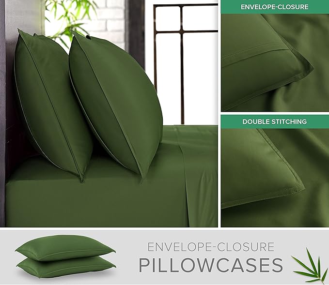 Pure Bamboo Full Sheets, Genuine 100% Organic Viscose Derived from Bamboo Bed Sheet Set, Luxuriously Soft & Cooling, Double Stitching, 2 Year Quality Promise (Full, Pesto)