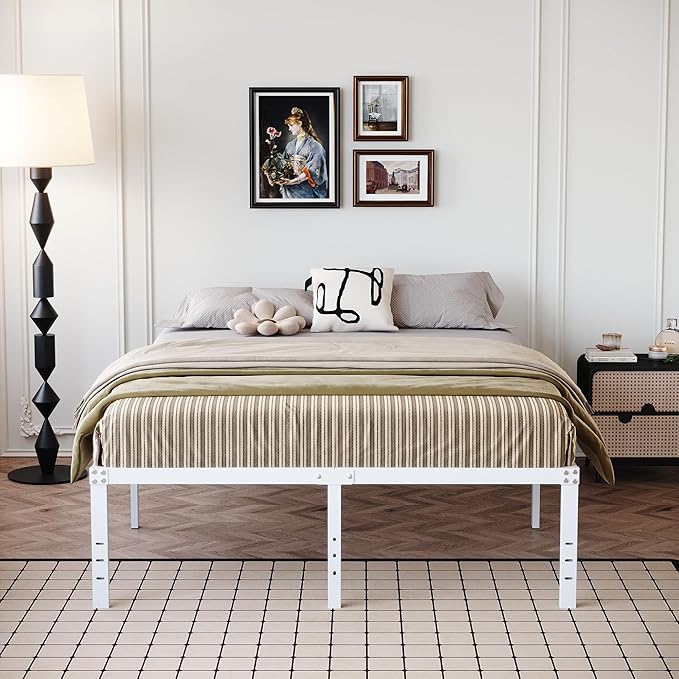18 Inch White Full Size Bed Frame Heavy Duty Metal Platform No Box Spring Needed, Maximum Storage, Easy Assembly, Noise Free