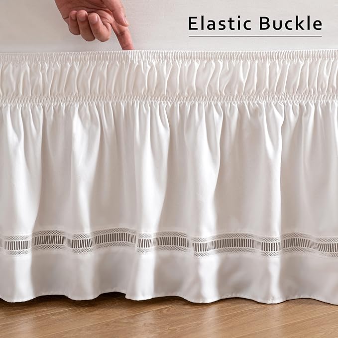 MIYE Wrap Around Ruffled Lace Bed Skirt, Elastic Dust Ruffle with Adjustable Belts,15 Inch Drop Easy to Put On, Bed Frame Cover, Machine Washable (Ruffled Lace, Full/Twin-15)