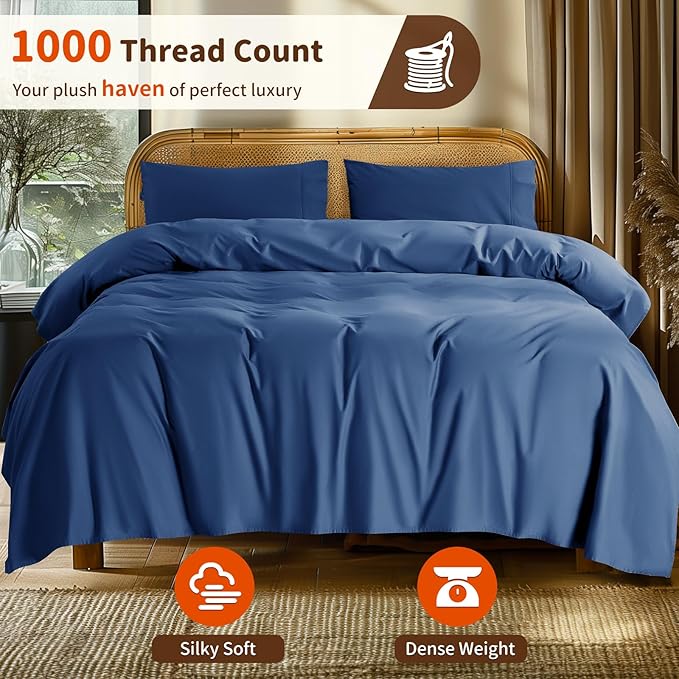 LBRO2M 100% Cotton Sheets Set Deep Pocket 24", 1000 Thread Count California King Size 4 Piece Bed Sheet Sets Soft Comfortable Bedding All Season (California King, Navy Blue)