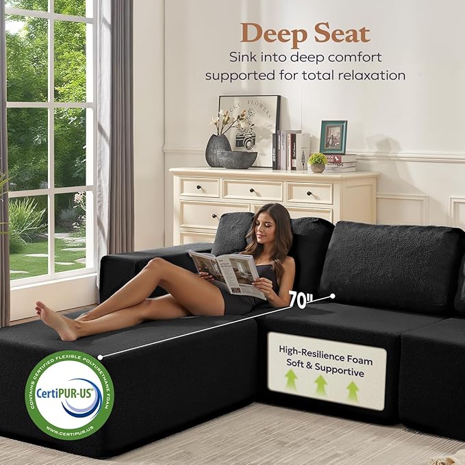 106" Modular Sectional Couch Left/Right Facing Convertible, L-Shape Modern Teddy Sofa, Deep Seat Upholstered Foam Couch for Living Room Bedroom, No Assembly Required (Black, Teddy Boucle)