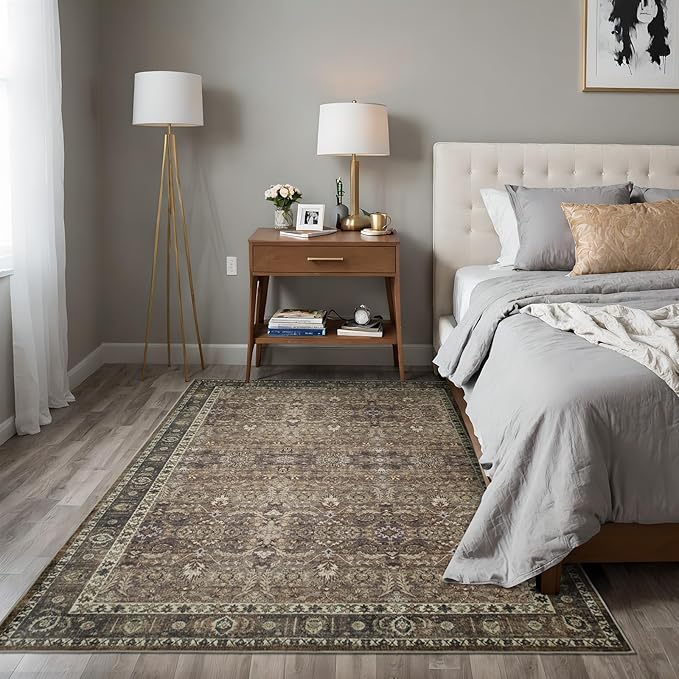 3x5 Vintage Washable Area Rug for Living Room,Low Pile Non Slip Carpet Non-Shedding Small Area Rug Soft Indoor Stain Resistant Rug Floral Print Mat for Bedroom Dining Room Brown Floral