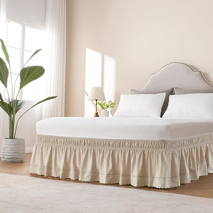 MIYE Wrap Around Ruffled Lace Bed Skirt, Elastic Dust Ruffle with Adjustable Belts, Easy to Put On, Bed Frame Cover, Machine Washable (Embroidered/Beige, King/Queen-12.5" Drop)