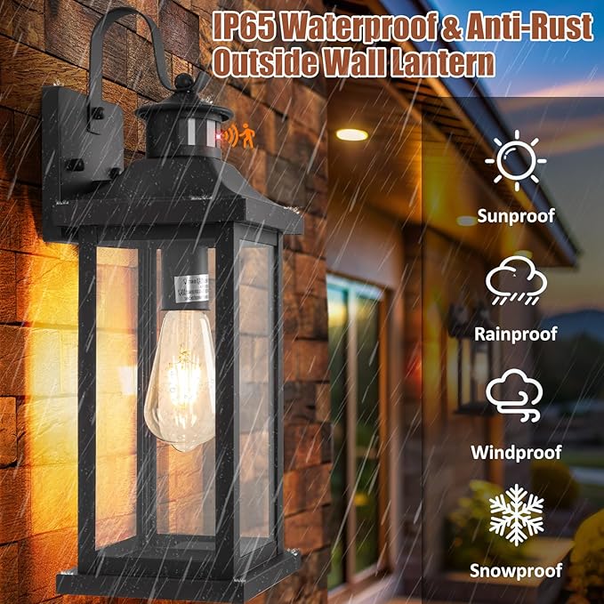 Roravilila 1-Pack 18 Inch Motion Sensor Front Porch Light IP65 Waterproof, Large Black Dusk to Dawn Outdoor Wall Lighting for House Exterior Light Fixture Clear Glass Garage Coach Light, E26 Bulb Base