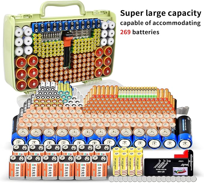 Aptbyte Battery Organizer Storage Holder Box Case with Tester- 269 Batteries Double-Sided Variety Pack, Holds AA AAA 4A C D Cell 9V 3V Lithium LR44 CR2 CR123 CR1632 18650 Button- Green (Box Only)